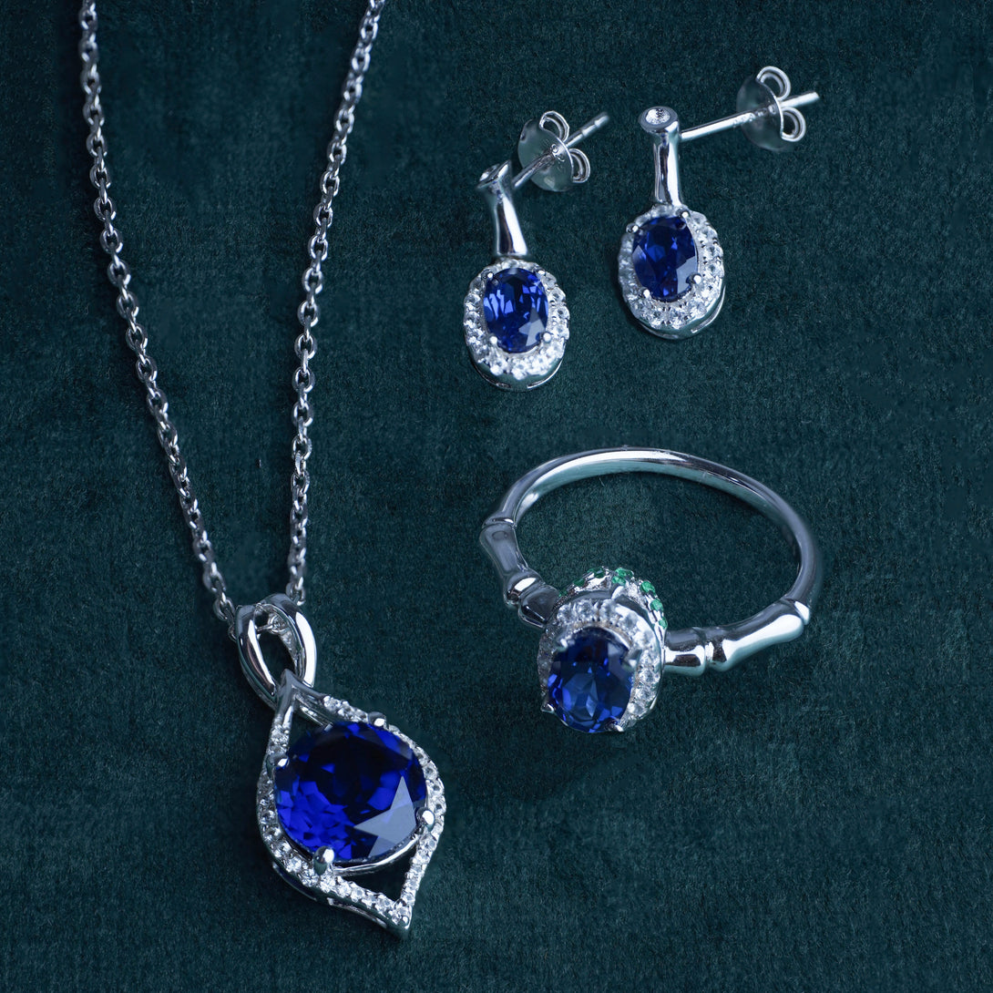 Blue Corundum Pendant Necklace, Set Jewelry