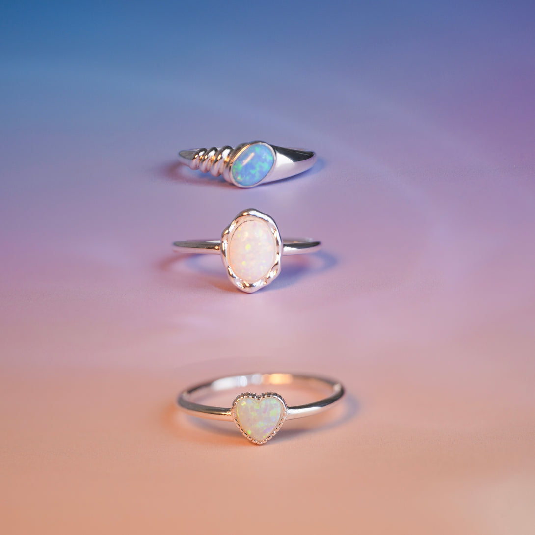 Egg-shaped White Opal Ring, Silver Rings