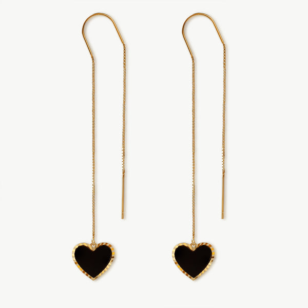 Black Gold Heart Dangle Earrings, Front Side