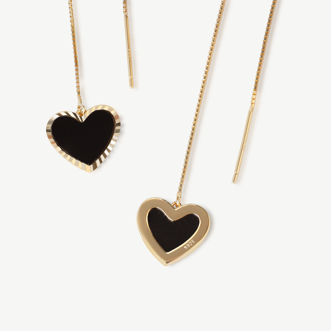 Black Gold Heart Dangle Earrings, Front and Back Sides