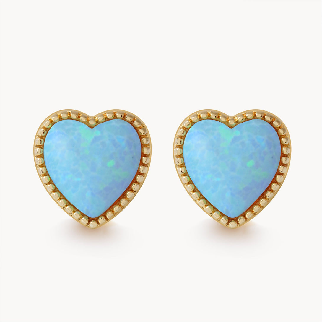 Blue Heart Opal Gold Earrings, Front Side